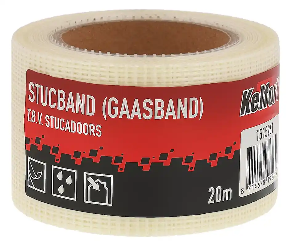 Kelfort STUCBAND (GAASBAND) 20M 50MM 0,15MM WIT ACRYLAAT - GLASVEZEL Superprijs