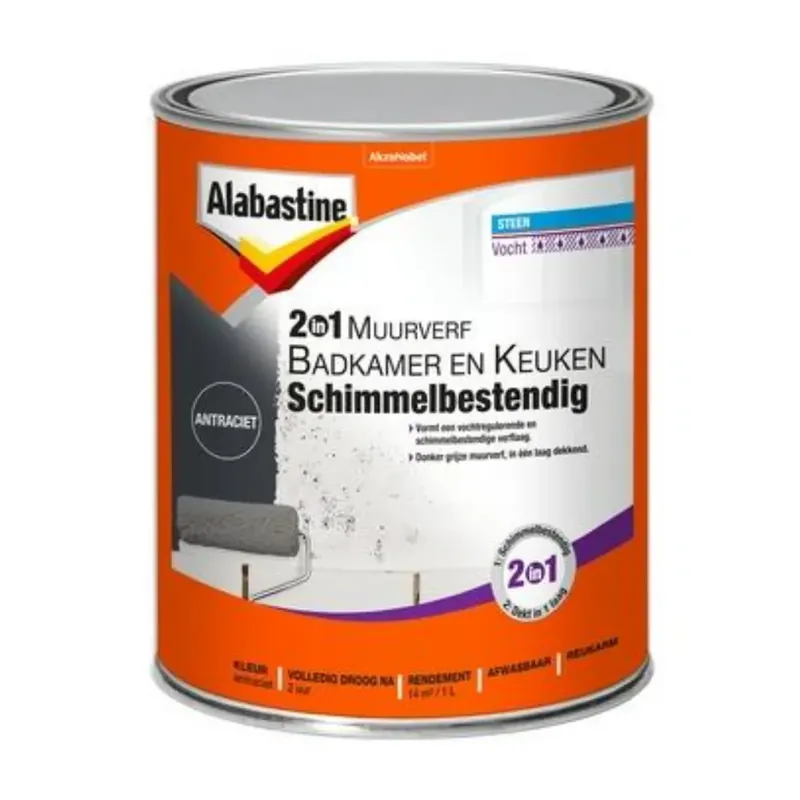 Rechtstreeks Van De Fabrikant Alabastine Muurverf Badkamer & Keuken 2 in 1 Antraciet
