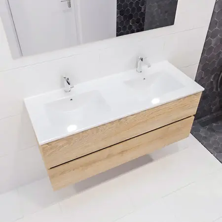 Blue Label Annika onderbouwkast met keramische wastafel Denia dubbel, 2x lade, 2x kraangat, 1200x500x450mm (BxHxD) hout gewassen eik Fabrieksprijs
