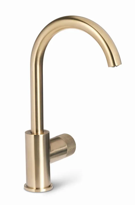 Direct Verzonden Blue Label Brondby Facet wastafelkraan C-uitloop cold start, gekartelde greep, geborsteld goud FK-0329K-BB