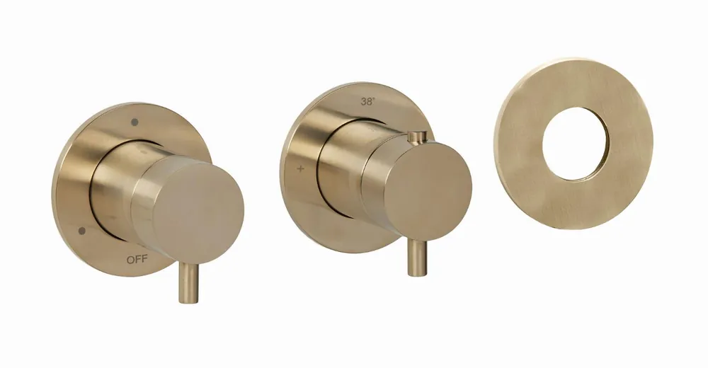 Blue Label Brondby Inbouwthermostaat met 3-weg omstelling, inbouw + afbouwdeel, ronde rozetten, 1/2" aansluiting, geborsteld goud FK-CA22-H-BB Actieprijs
