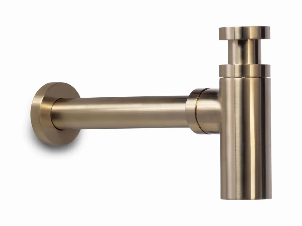Blue Label Brondby messing design sifon 1 1/4", inclusief muurbuis, geborsteld goud Nu Kopen