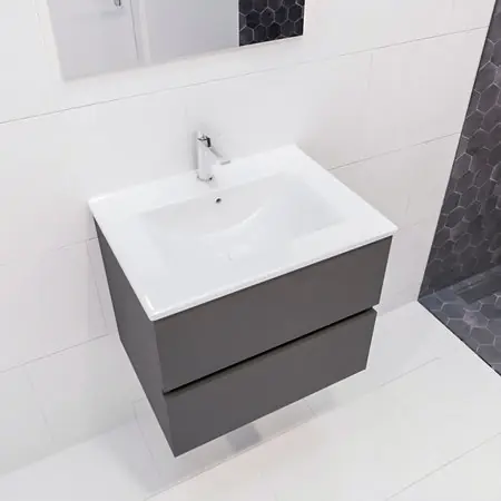 Merkproduct Blue Label Annika onderbouwkast met keramische wastafel Denia midden, 2x lade, 1x kraangat, 600 x 500 x 450mm (BxHxD), antraciet