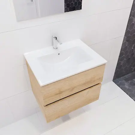 Blue Label Annika onderbouwkast met keramische wastafel Denia midden, 2x lade, 1x kraangat, 600x500x450mm (BxHxD) hout gewassen eik Gratis Retour