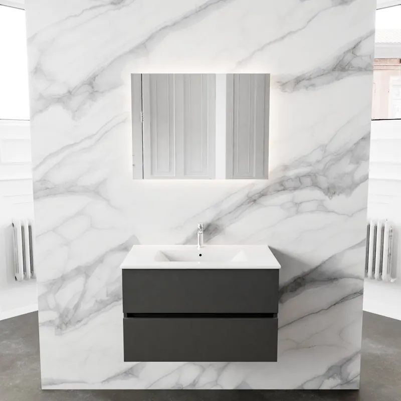 Gratis Retour Blue Label Annika onderbouwkast met keramische wastafel Denia midden, 2x lade, 1x kraangat, 800 x 500 x 450mm (BxHxD), antraciet