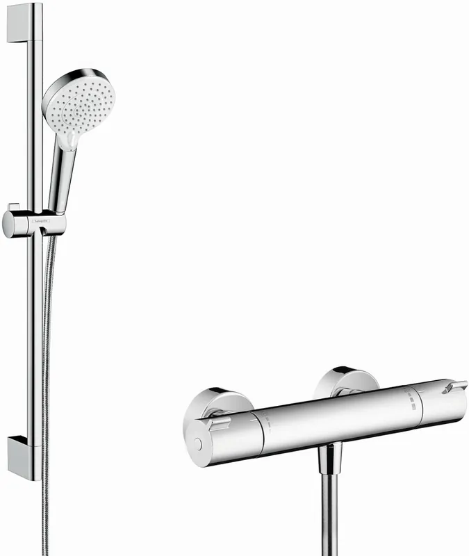 Premium Hansgrohe Crometta douchecombinatie m. Ecostat 1001 CL douchethermostaat m. glijstangset 65cm m. Crometta Vario handdouche chroom/wit 27812400
