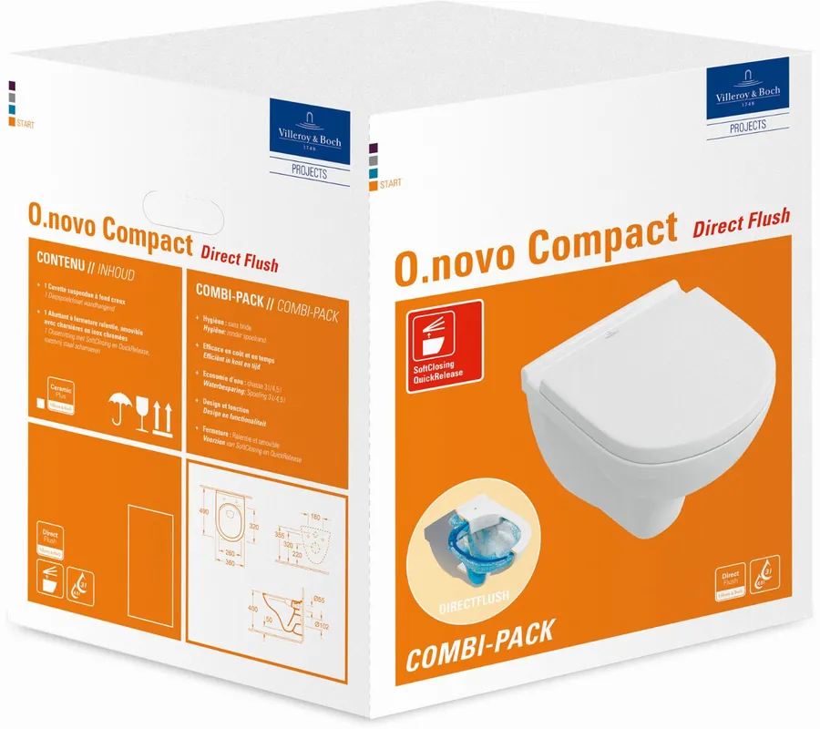 Villeroy & Boch O.novo combipack, wandcloset 49cm compact randloos met closetzitting softclose wit 5688HR01 Hete Deal