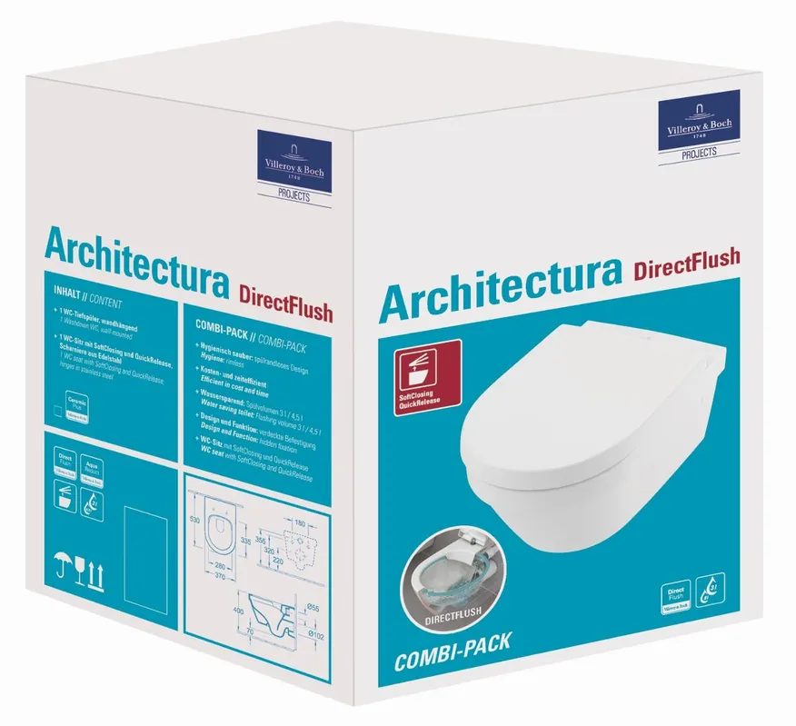 Villeroy & Boch Architectura combipack wandcloset 53cm zonder spoelrand met Ceramic+ met closetzitting wit 4694HRR1 Beperkt Aanbod
