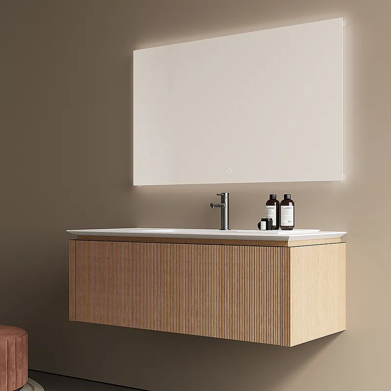 Lage Kosten Wahlbach Aurelie badkamermeubelset 120 cm, 1 lade, wastafel, LED spiegel rood eiken