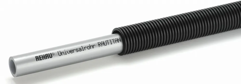 Lage Kosten Rehau Rautitan Stabil meerlagenbuis glad, Ø16.2x2.6mm, 3 lagen, aluminium, PE, flexibel, buis grijs, 100m, zwarte mantel