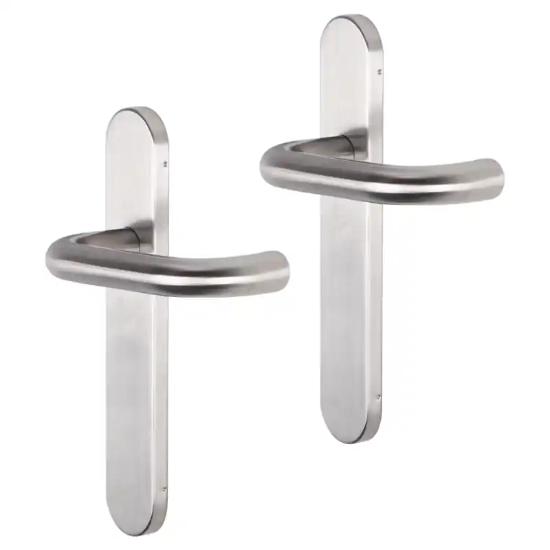 Veilige Betaling Impresso Wigan deurkruk op schild afgerond 225x41x10mm RVS geborsteld