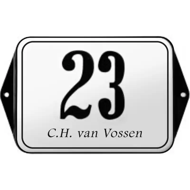 Klassiek bord huisnummer met naam, emaille wit/zwart met kader, 160x120mm Beperkte Voorraad