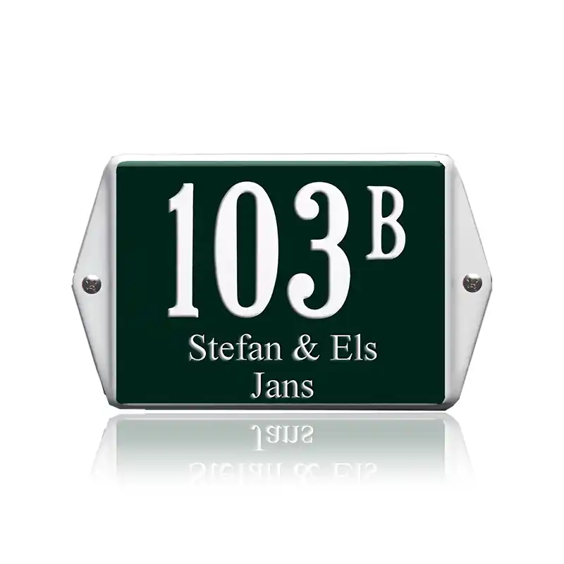 Huisnummer emaille met naam groen, 160 x 120 mm Betaalbaar