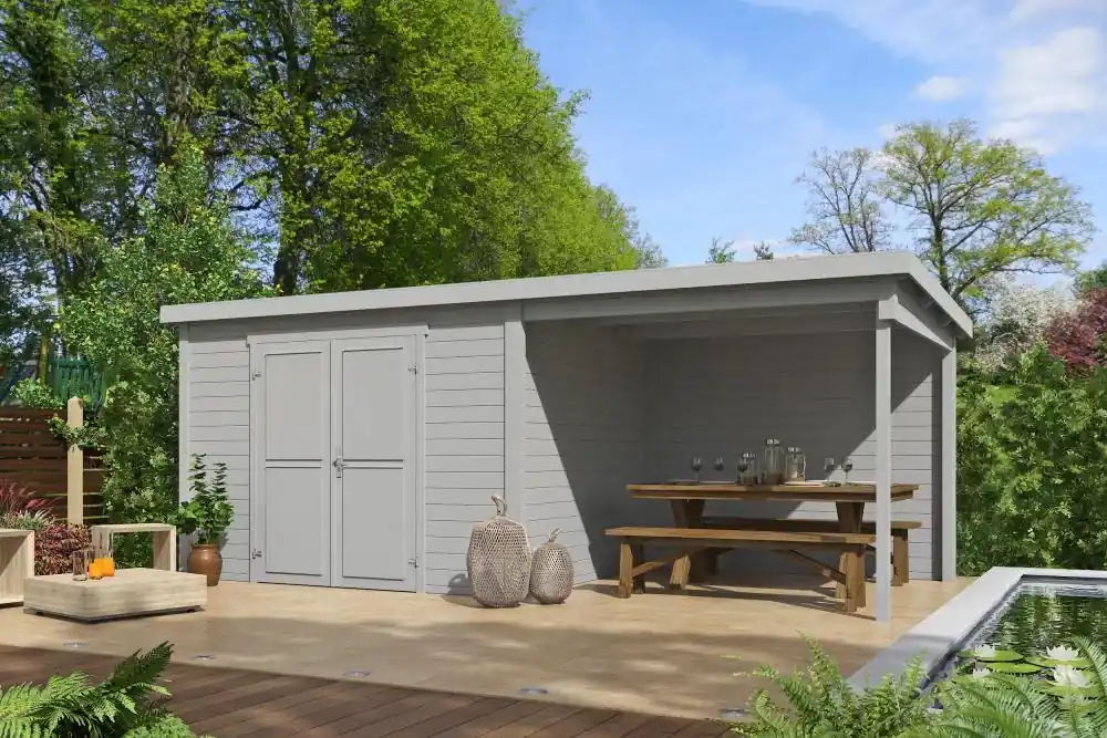 Tijdelijk Beschikbaar Outdoor Life Blokhut Kjeld met Overkapping Platinum Grey 550 x 250 cm