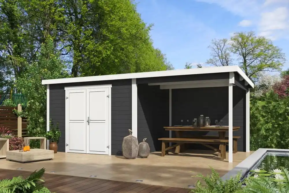 Outdoor Life Blokhut Kjeld met Overkapping Carbon Grey-Wit 550 x 250 cm Uitverkoop