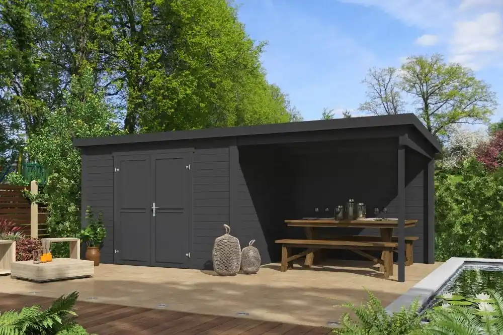 Superprijs Outdoor Life Blokhut Kjeld met Overkapping Carbon Grey 550 x 250 cm