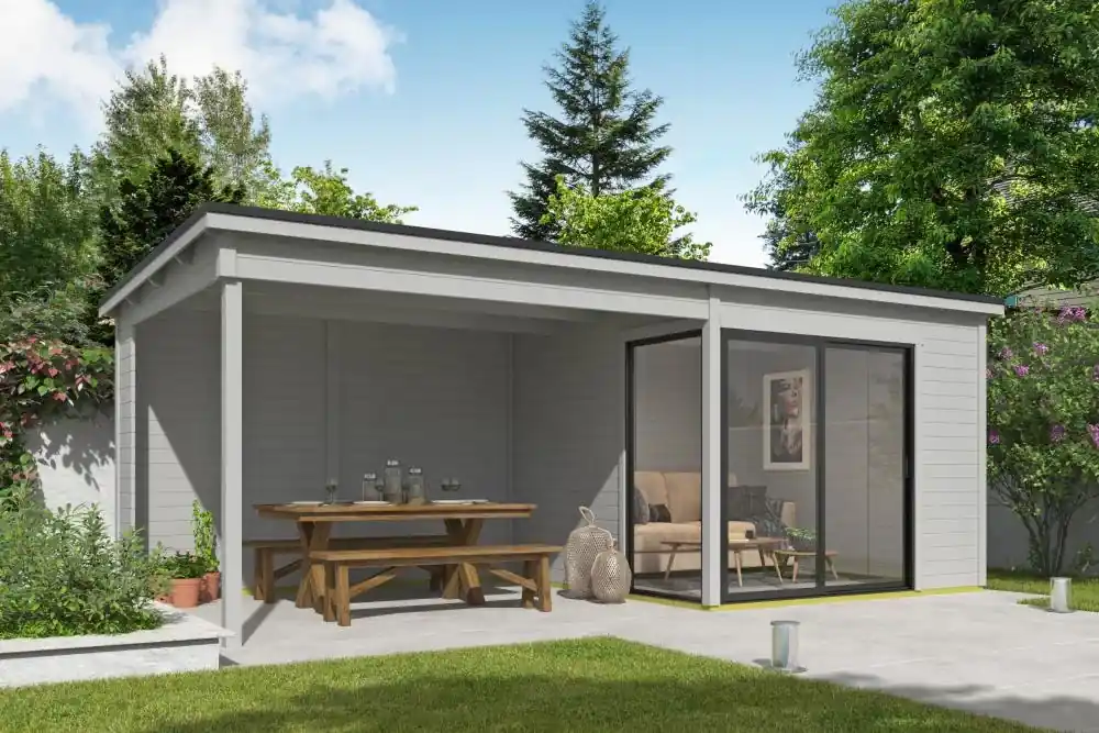 Bestel Nu Outdoor Life Tuinhuis Julia met Overkapping Platinum Grey 645 x 295 cm