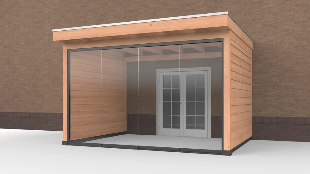 Douglas Buitenverblijf aan huis, 400 x 300, met twee zijwanden en glazen schuifwand, Westwood Exclusieve Aanbieding