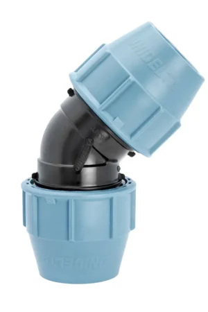 Beperkt Aanbod Tyleen knie 45gr 63mm, 2x klem - Unidelta PE koppeling