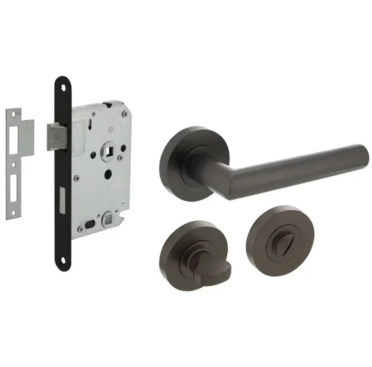 Goedkoop Intersteel deurbeslag set WC-slot 63/8 mm zwart + deurklink Bastian rond en wc-sluiting antraciet grijs