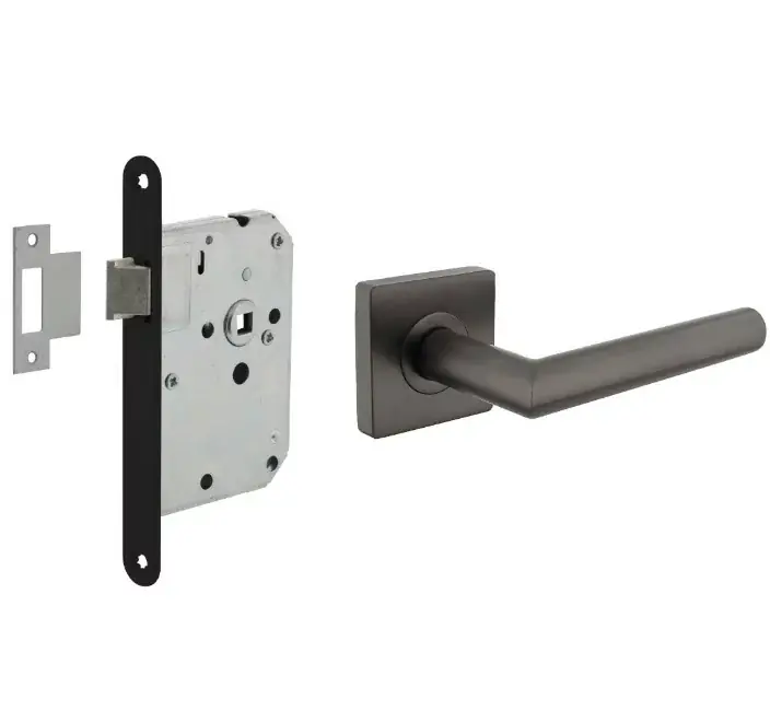 Intersteel deurbeslag set loopslot zwart + deurklink Bastian met vierkant rozet antraciet grijs Hoge Kwaliteit