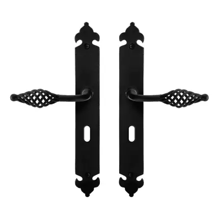 Uitverkoop smeedijzer zwarte deurkruk Tane op l.schild BB56, 291x41x4mm
