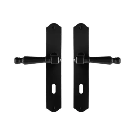 GPF6210.60 smeedijzer zwarte deurkruk Mela op schild BB72, 238x41x4mm Gereduceerde Prijs