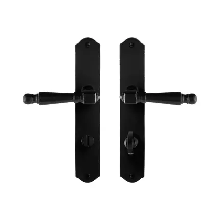 Actieprijs smeedijzer zwarte deurkruk Mela op schild WC72/8, 238x41x4mm