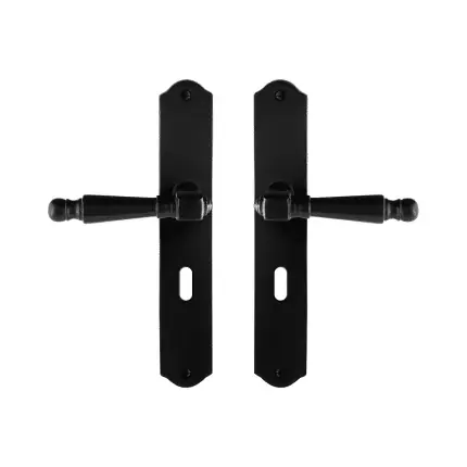 GPF6210.60 smeedijzer zwarte deurkruk Mela op schild BB56, 238x41x4mm Merkproduct