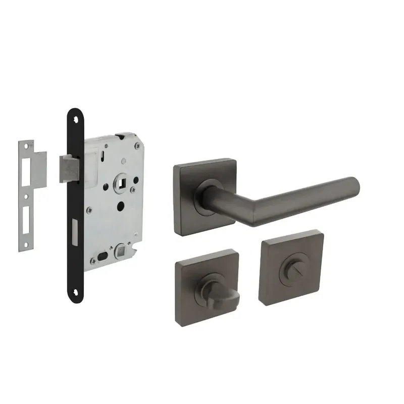 Intersteel Deurbeslag set Toiletslot Antraciet 63/8mm Zwart met deurkruk Bastian vierkant en WC-Sluiting Antraciet Grijs Fabrieksprijs