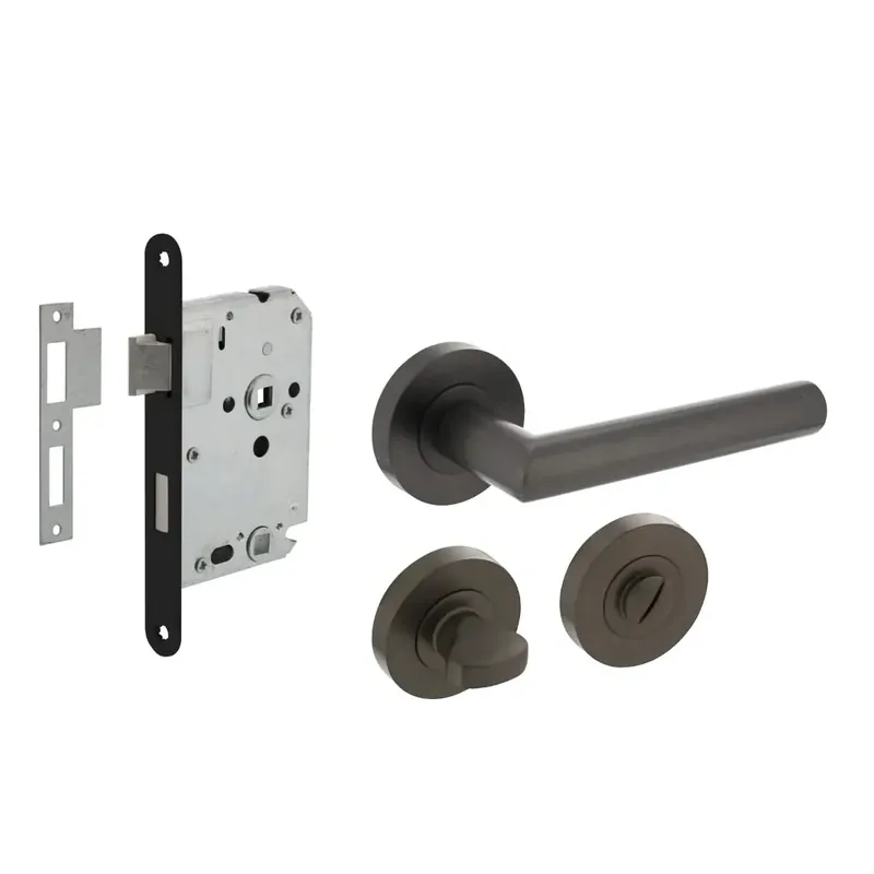 Superprijs Intersteel Deurbeslag Set Toiletslot 63/8mm Zwart Met Deurkruk Bastian en WC-Sluiting Antraciet Grijs
