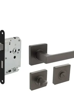 Weekendaanbieding Intersteel Deurbeslag Set Toiletslot 63/8mm Zwart Met Deurkruk Hera en WC-Sluiting Antraciet Grijs