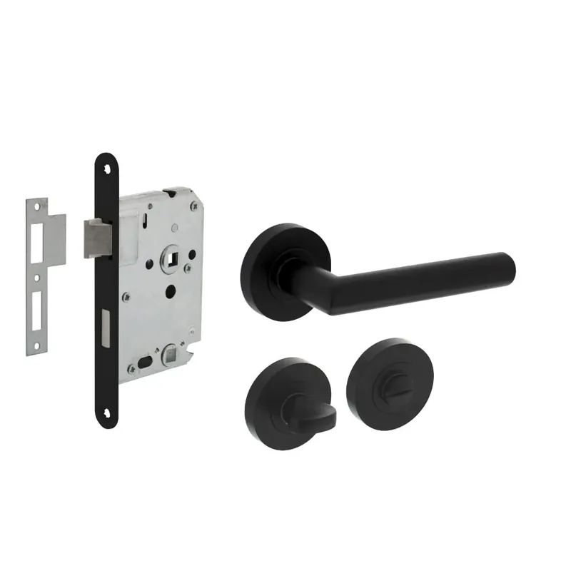 Intersteel Deurbeslag Set Toiletslot 63/8mm Zwart Met Deurkruk Bastian en WC-Sluiting Zwart Finale Uitverkoop